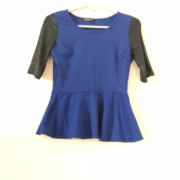 MANDEE Peplum Top with Black Leather Sleeves. - Picture 1 of 3